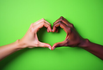 Obraz premium Symbol of Connection: Two Hands Forming a Heart Shape, Celebrating Diversity Against a Green Backdrop 