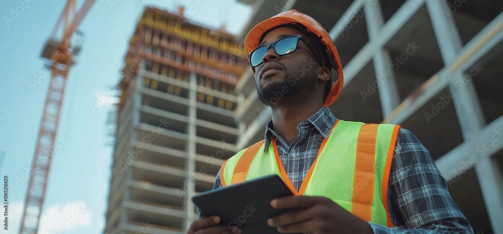 Poster construction worker in hardhat and safety vest using a digital tablet while looking at a building un