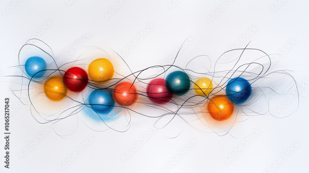 Poster colorful spheres with flowing lines create dynamic abstract composition, showcasing vibrant hues of 