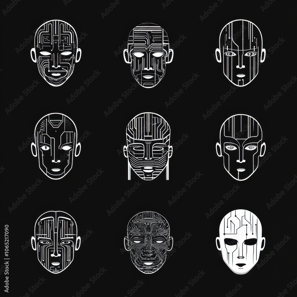 Aufkleber unique digital art featuring robot faces and patterns