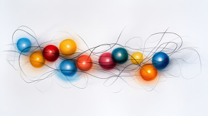 Colorful spheres with flowing lines create dynamic abstract composition, showcasing vibrant hues of red, blue, yellow, and orange. interplay of colors and lines evokes sense of movement and energy
