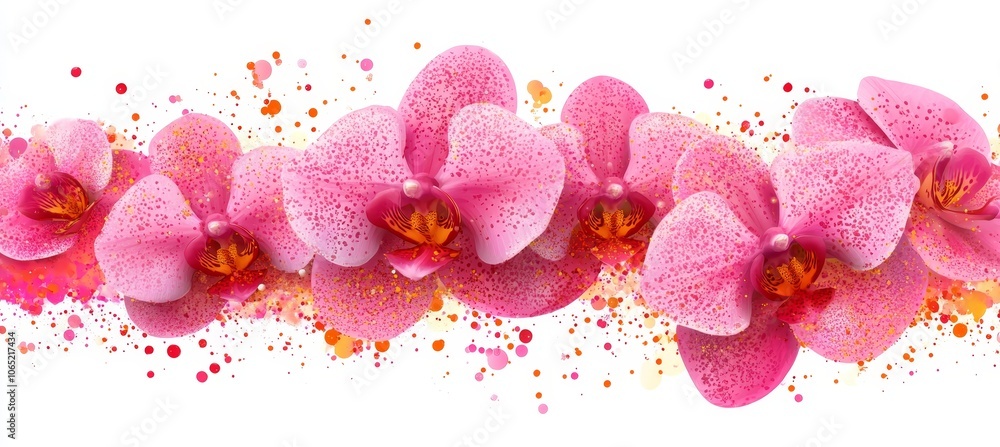 Poster pink orchid flowers row with colorful splashes on white background horizontal design element