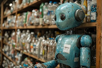 Blue Robot Among Plastic Bottles on Shelves