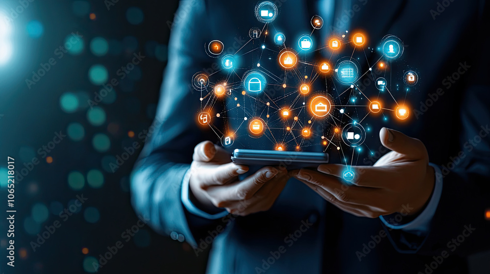 Aufkleber business professional using smartphone to connect with digital networks, showcasing technology and c