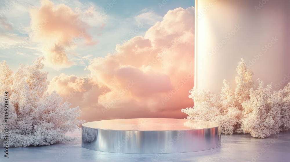 Poster elegant silver display podium with sunrise clouds in soft pastels, creating a balanced, serene prese