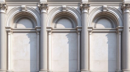 Naklejka premium Rounded arches and columns on classic building facade, blank area.