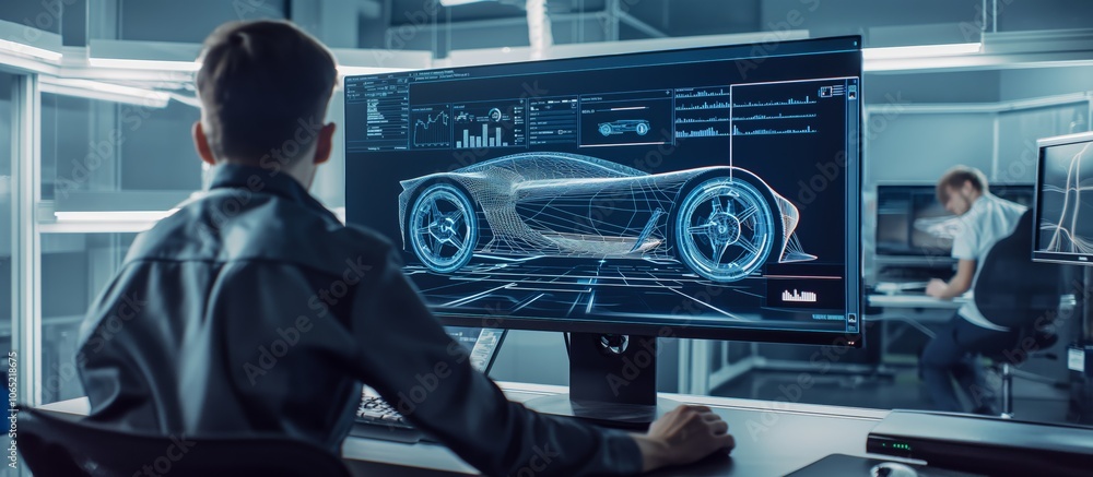 Poster Young engineer focuses on a futuristic car design on computer screens in a modern, high-tech laboratory. The environment showcases advanced technology and innovative automotive engineering.