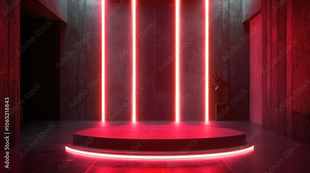 Poster glossy red podium in minimal space with bold neon lights, modern glam setting for a tech-inspired sh