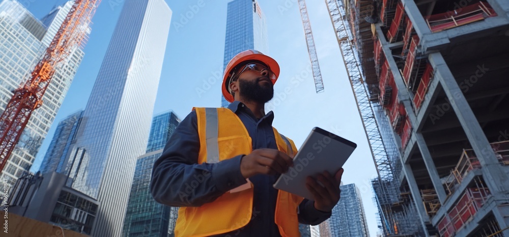 Poster construction worker using a tablet in front of a high-rise building.