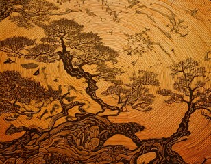 Naklejka premium 木目がきれいな板と樹木の背景素材