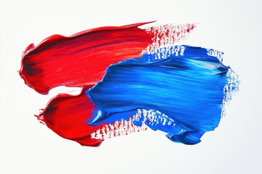 Vibrant abstract art composition with bold red and blue brushstrokes. Red and blue scribbles, brush strokes in diagonal line. Grunge oil paint style on white background. Unique abstract art.