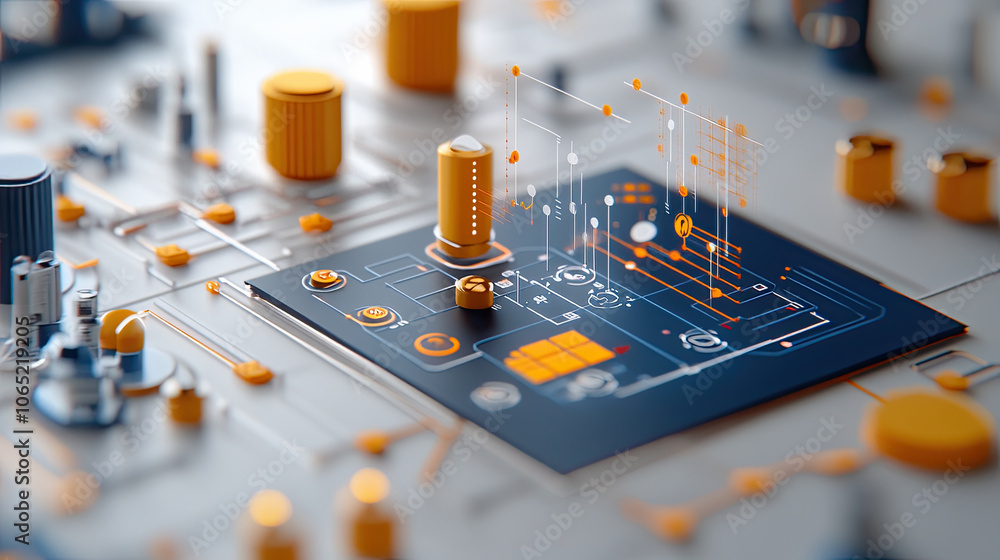 Poster abstract visualization of portfolio optimization with digital elements, featuring geometric shapes a