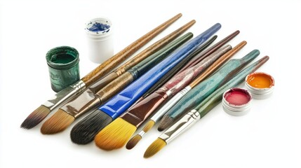 Isolated watercolor paints and brushes set on a white background, representing art class creativity