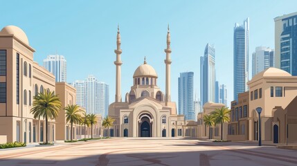Naklejka premium Sharjah's heritage architecture against modern buildings, open space for copy.