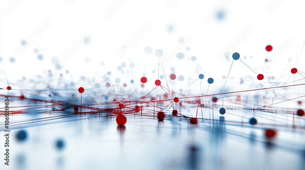 Poster abstract visualization of interconnected nodes and lines in red and blue, representing data networks
