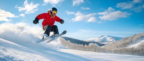 Skier Performing Dramatic Aerial Maneuver After Launching Off Jump During Extreme Winter Sports Expedition on Snowy Mountain Slope Under Brilliant Crisp Cloudless Sky