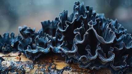 Close-up of black fungus growing intricately on a forest log, showcasing the natural beauty and detailed texture of the fungus in a serene woodland setting.