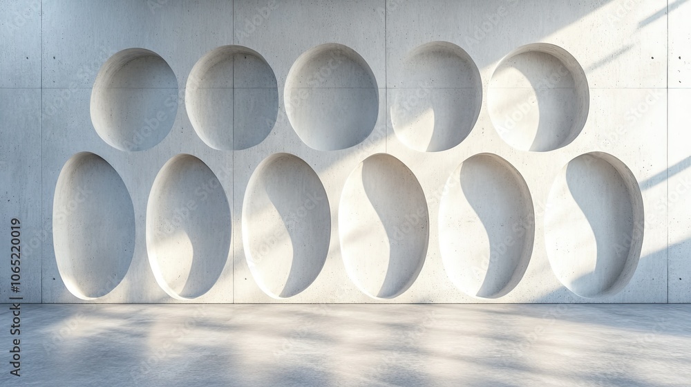 Poster smooth concrete wall with recessed patterns, architectural design with space for text