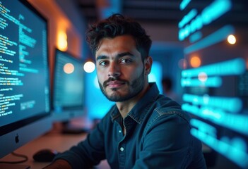 Fototapeta premium A programmer sits attentively at a computer desk, surrounded by glowing screens filled with code.
