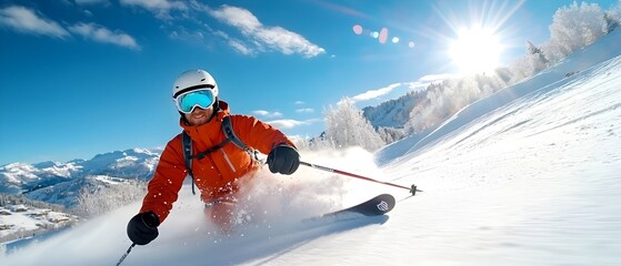 Skier Carving a Sharp Turn on a Challenging Snowy Slope Adrenaline Fueled Winter Sports Action Against a Majestic Mountain Backdrop