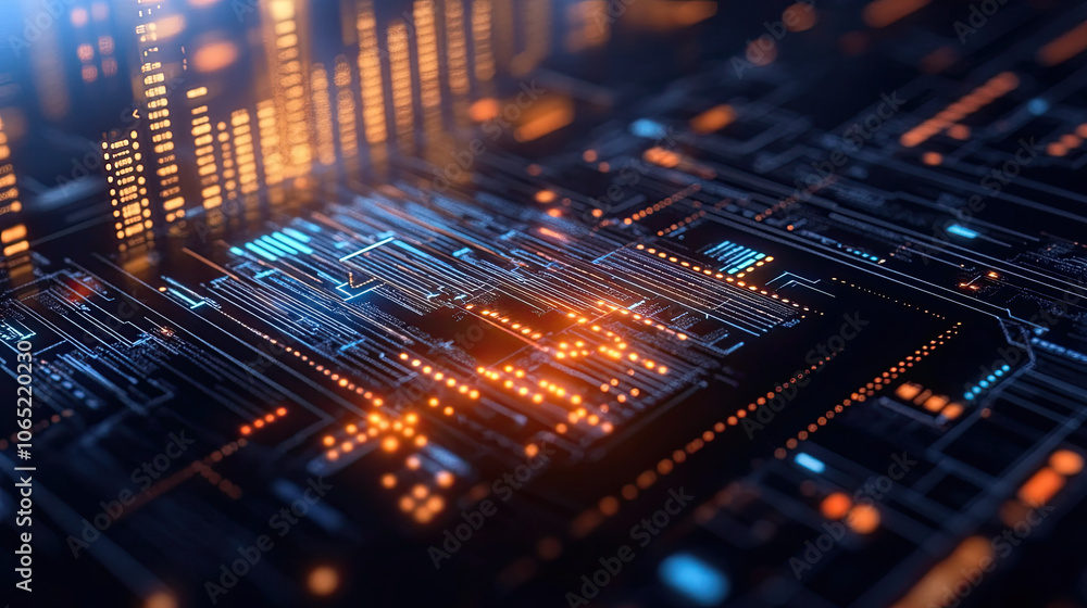Poster detailed illustration of digital circuit board with glowing lines and nodes, showcasing advanced tec