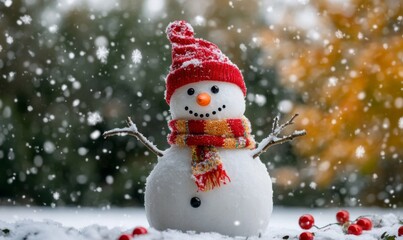 Festive winter holiday banner cheerful snowman in hat and scarf on snowy background with copy space
