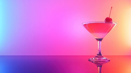Minimalist cocktail glass with a cherry garnish on a neon-inspired background, evoking nightlife
