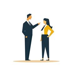 A simple flat design illustration of a manager intimidating an employee by pointing a finger at them, highlighting power dynamics and harassment in the workplace. 8k UHD, suitable for high-quality 