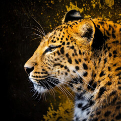 Obraz premium view of leopard, black and gold spots background digtal art