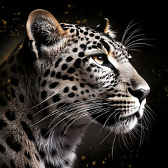 Obraz premium view of leopard, black and gold spots background digtal art