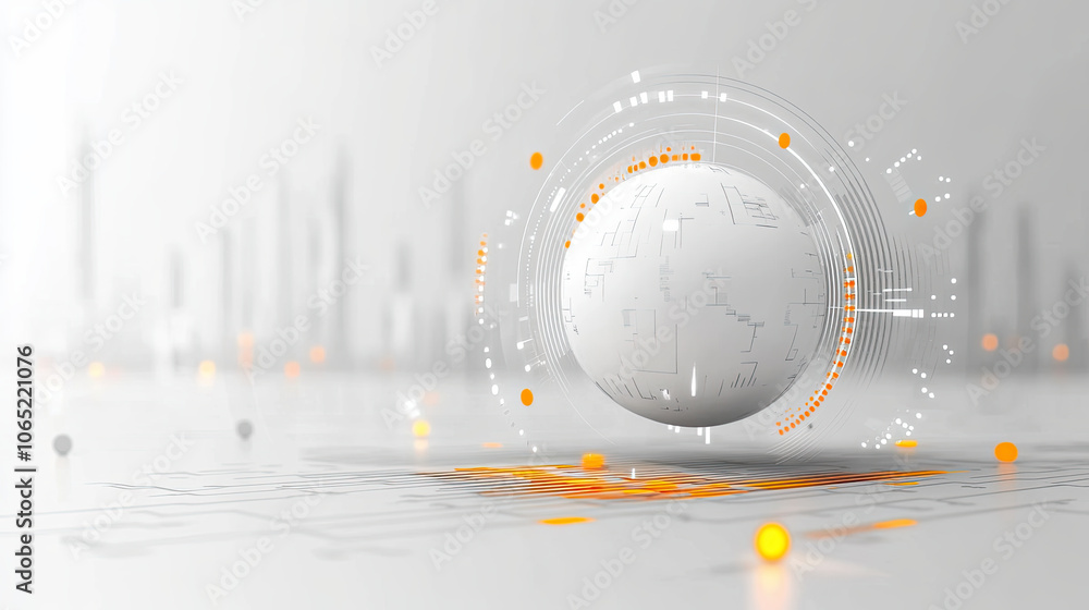Poster minimalist digital globe surrounded by abstract lines and dots, symbolizing technology and innovatio