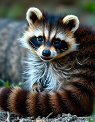 Obraz premium Detailed shot of a baby raccoon, showcasing its ringed tail and curious expression.