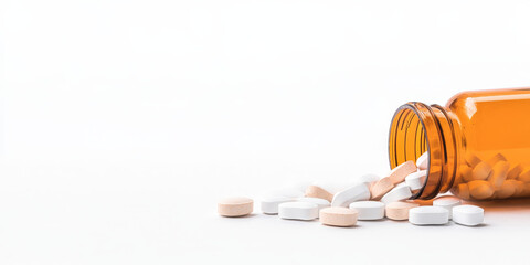 Pills are scattered around open amber prescription bottle, symbolizing substance abuse and impact of medication misuse. This highlights serious issue of addiction