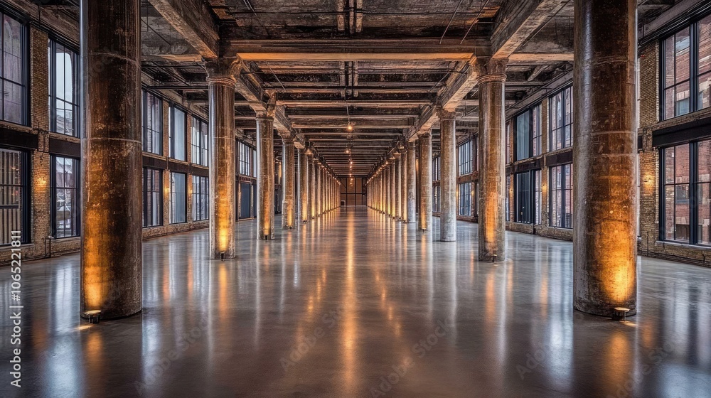Poster empty industrial space with open windows and columns