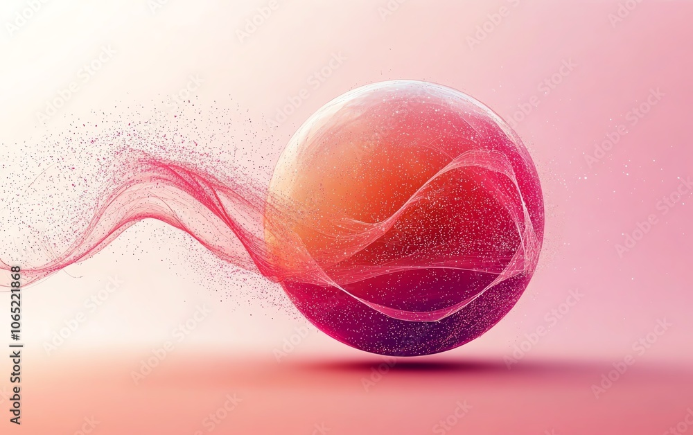 Poster red and pink spherical design, orbiting lines representing cosmic motion, minimalistic approach, abs