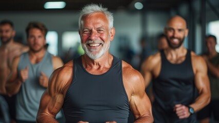 Fototapeta premium Several men are engaged in an energetic workout at a gym, showcasing their fitness and camaraderie. The atmosphere is lively as they enjoy their fitness class, highlighting their dedication to health.