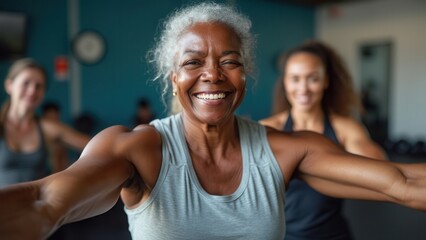 A joyful senior woman engages in a fitness class alongside friends. Their enthusiastic expressions reflect the energy and camaraderie of the session, showcasing a supportive community atmosphere in th