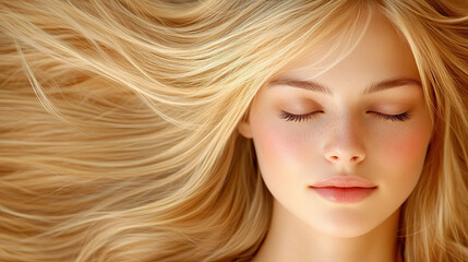 Naklejka premium Soft, textured hair cascading down with golden highlights, framing serene face. gentle flow of hair creates tranquil and dreamy atmosphere