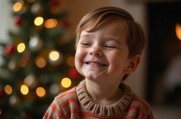 Smiling child boy  in a cozy sweater, waiting for Santa Claus and dreaming of gifts, with a Christmas tree and blurred lights in the background, creating a warm and festive holiday atmosphere