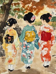 Obraz premium Three girls in colorful kimonos walking together under autumn leaves.