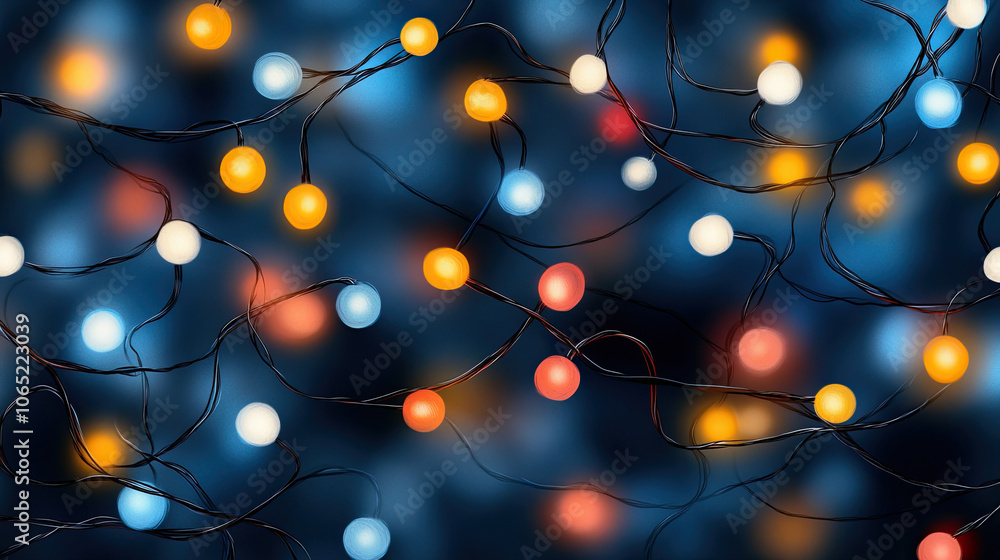 Poster colorful string lights glowing against dark background, creating festive atmosphere. vibrant orbs in