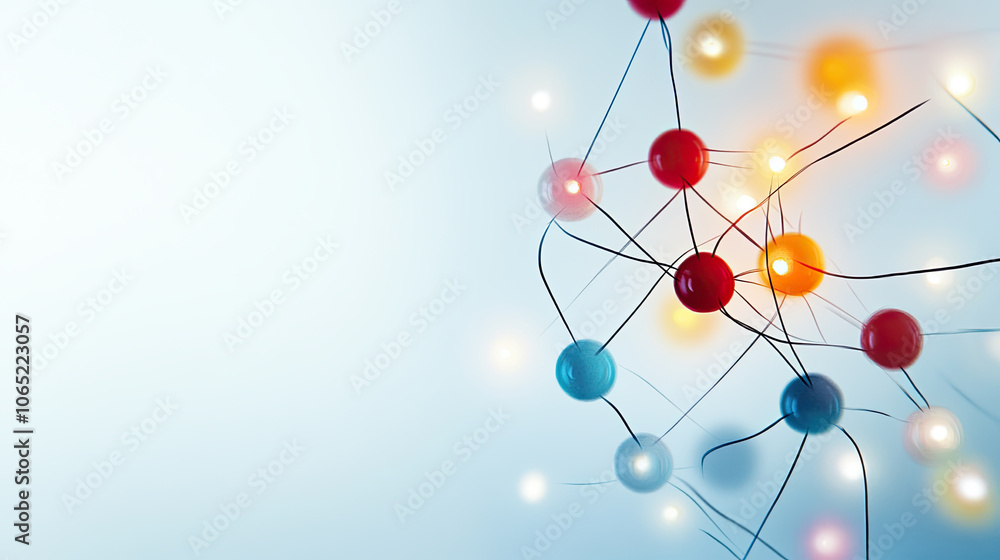 Poster abstract molecular structure with colorful nodes and connections, representing scientific concepts a
