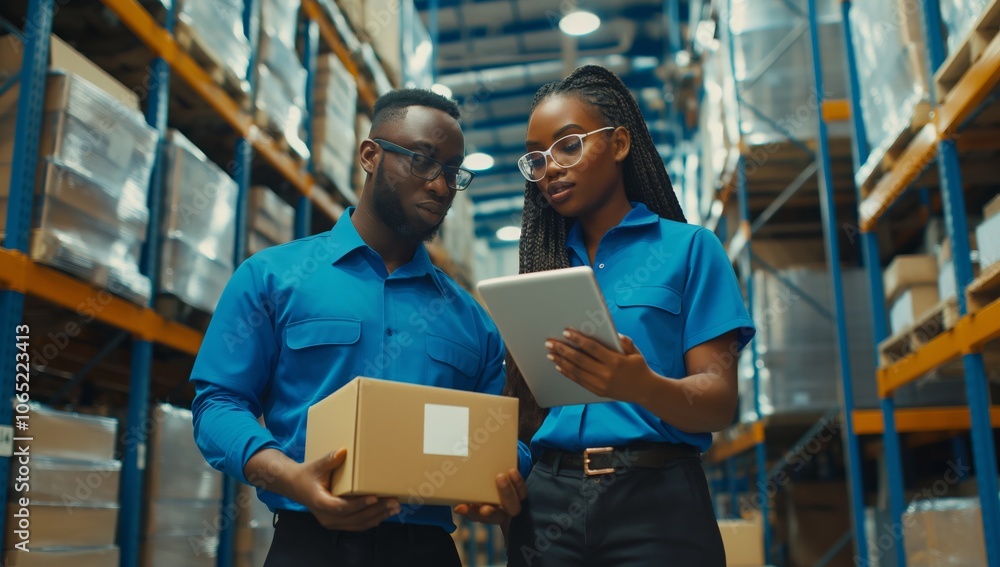Poster diverse team in a warehouse manages inventory efficiently. they discuss logistics, hold a package an
