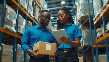 Diverse team in a warehouse manages inventory efficiently. They discuss logistics, hold a package and tablet. modern facility with stacked boxes. Team works together on logistics and storage