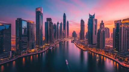 Fototapeta premium Top view of Dubai Marina district, tall buildings and waterfront, space for urban-themed messages
