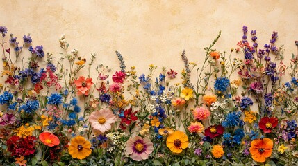 Fototapeta premium Colorful wildflowers arranged on a beige background in a botanical flat lay, showcasing spring garden blooms, delicate composition, pastel palette, and whimsical floral patterns.