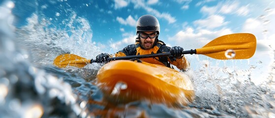 Fototapeta premium Skilled kayaker leaning into turbulent river rapids showcasing their expertise and intensity in an adrenaline fueled extreme sports photography capture