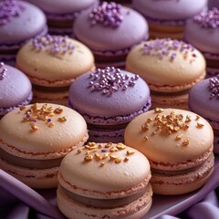 Fototapeta premium Pink and Peach Macarons with Filling on a Tray