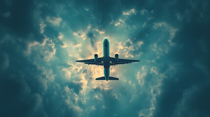 Fototapeta premium Commercial airplane flying against a bright blue sky with white fluffy clouds, captured from below on a clear summer day, showcasing jet silhouette and aerial travel concept.