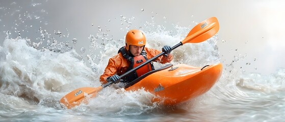 Fototapeta premium Kayaker Navigating Intense Whitewater Rapids in Extreme Outdoor Adventure Skilled Athlete Maneuvering through Powerful River Currents with Paddle and Precision